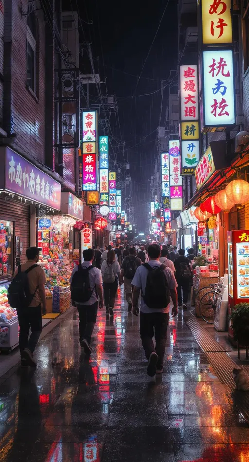 Prompt: Cinematic POV of tourists walking along a vibrant Japanese street at night, surrounded by glowing shopfronts and colorful neon signs. The camera is positioned at eye level, giving the feeling of walking among them. The sidewalk is busy but pleasant — a mix of young travelers with backpacks, couples taking photos, and locals casually strolling. The shops are warmly lit with inviting displays: souvenir stores, anime and manga shops, a glowing vending machine corner, a small ramen restaurant with red paper lanterns swaying gently. Reflections of the lights shimmer on the wet pavement from a recent rain. The air feels alive with atmosphere — faint mist, glowing signage in kanji and katakana, and the occasional passing sound of laughter or distant music. Bicycles are parked neatly, a cat watches from a doorstep, and a convenience store window glows softly in the background. The depth of field is cinematic: foreground slightly blurred to emphasize movement, middle and background crisp and immersive. No fantasy or unrelated elements — only realistic and authentic nighttime Japan.