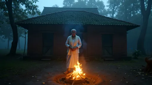 Prompt: A cinematic 16:9 wide shot in Flux Realism style. In front of a fog-covered South Indian ancestral house with a mossy red-tiled roof, weathered brick walls, and wooden pillars, a small open fire burns on the ground — its flames glowing softly in the misty air. The fire flickers gently, casting warm orange light onto the muddy ground and illuminating fallen leaves around it.

Standing just behind or beside the fire is the ghostly spirit of an elderly South Indian man, wearing a traditional dhoti and shawl. His form is semi-transparent, glowing faintly with a bluish-white aura — inspired by the reference ghost (with a refined, elegant spirit look). His expression is calm and serious. His lips are slightly parted, as if whispering something sacred or secret into the cold night.

The ancestral house looms behind him, partially obscured by thick fog and framed by tall, shadowy trees. The atmosphere is charged with mystery and emotion — a haunting yet peaceful moment in a dream.

Render in ultra-realistic Flux Realism, with soft volumetric lighting from both fire and fog, cinematic shadows, and storytelling composition.


