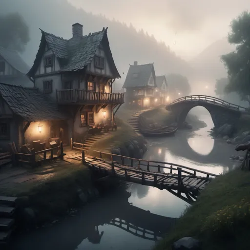 Prompt: small settlement, foggy, bridge and river, dramatic fantasy settlement scene, cinematic lighting out side of 5 kitten
