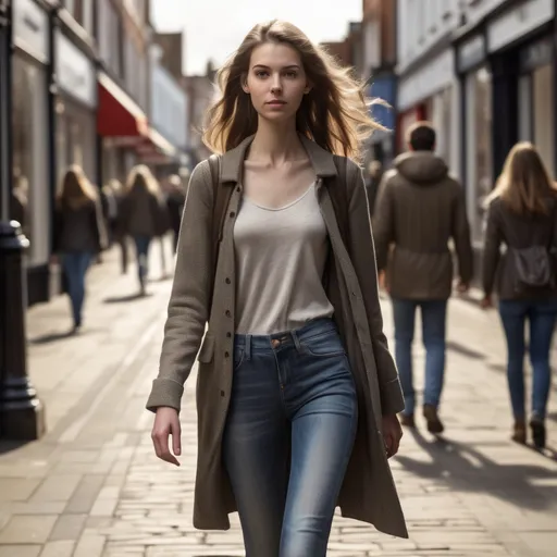 Prompt: Tall young woman walking down the high street, detailed clothing, realistic, natural lighting