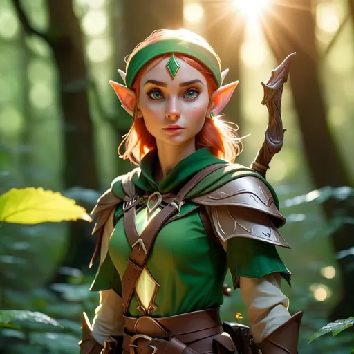 Prompt: Elf ranger in a mystical forest around sunlight