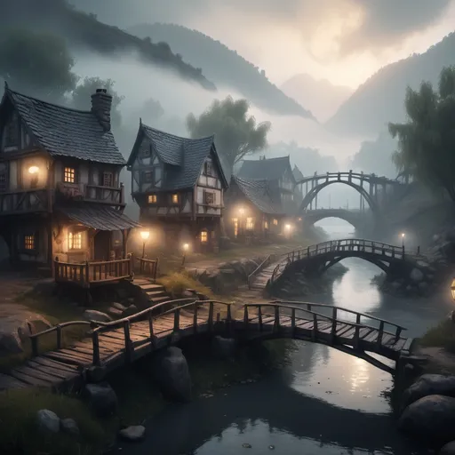 Prompt: small settlement, foggy, bridge and river, dramatic fantasy settlement scene, cinematic lighting in fornt of 5 kitten
