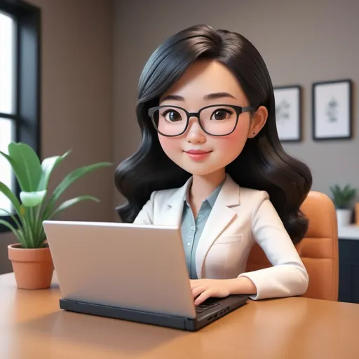 Prompt: professional asian lady working on a laptop in soft 3d cute style
