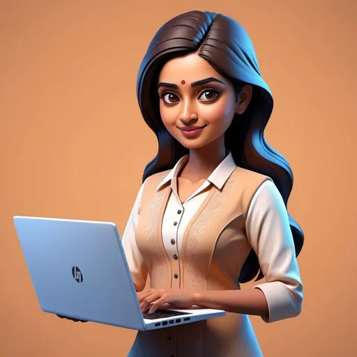 Prompt: professional Indian lady in formal kurta working on a laptop in soft 3d cute style
