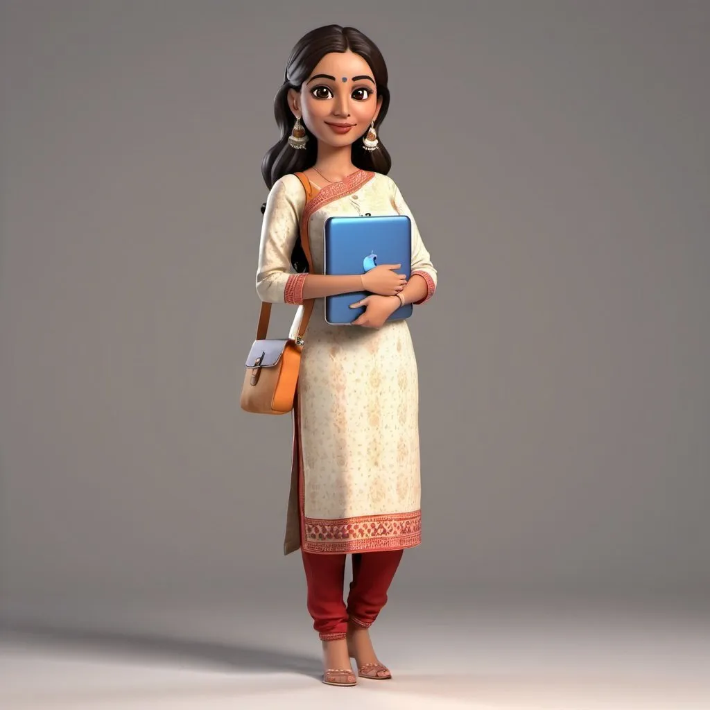 Prompt: a cute soft 3D illustration of South Asia woman in kurta salwar carrying a laptop bag on her shoulder