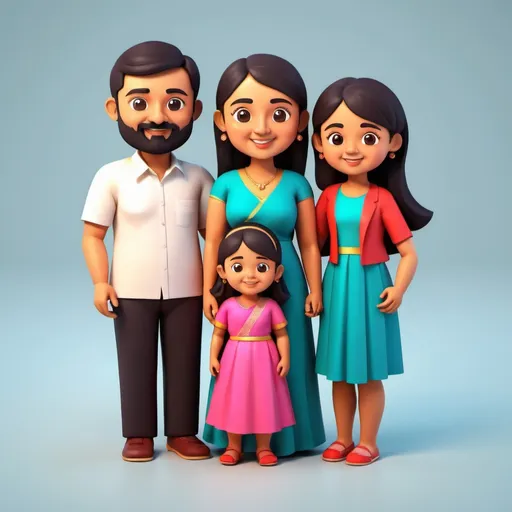Prompt: a cute soft 3D icon of South Asia family with father, mother, 3 years old son, 7yeard old daughter
