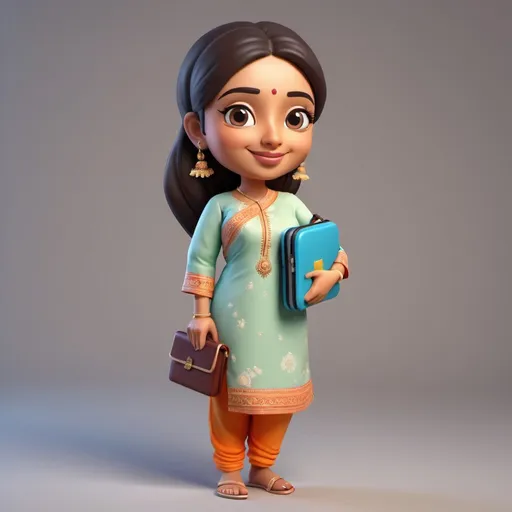 Prompt: a cute soft 3D icon of South Asia woman in kurta salwar carrying a laptop bag on her shoulder
