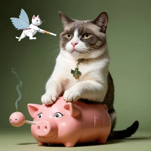 Prompt: A cat sitting an having a joint on a flying piggy 