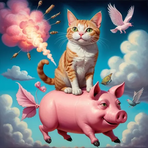 Prompt: A cat sitting an having a joint on a flying piggy 