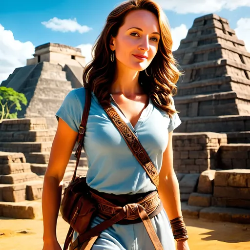 Prompt: Beautiful woman with blue eyes, dark hair, Indiana Jones hat, adventurer attire, carrying a whip, Mayan and Aztec pyramids in background, adventurous excitement, high quality, detailed illustration, realistic, vibrant colors, adventure, ancient civilization, exotic, professional, dramatic lighting, detailed features