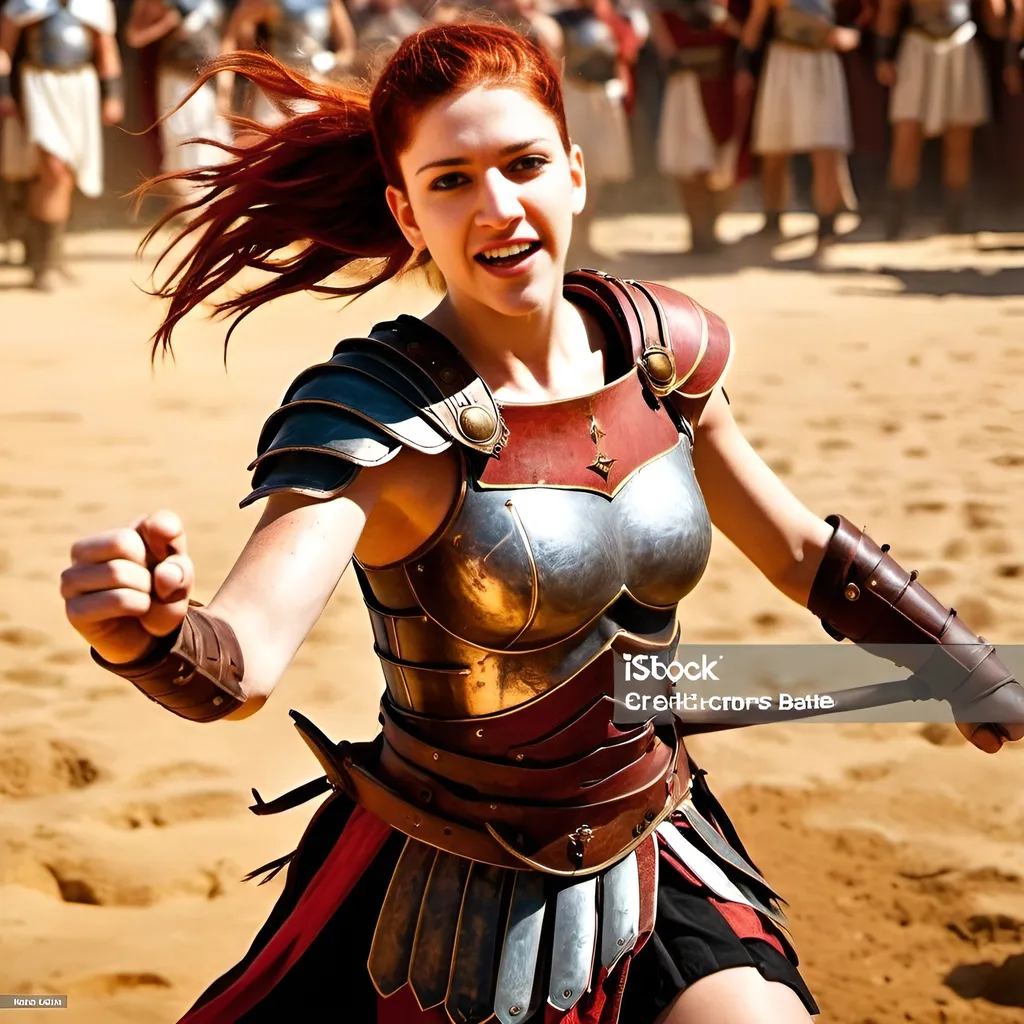 Prompt: redhead girl gladiator fighting in the arena, blood splatter, sand, cheering crowd, Roman Caesar, epic battle, dramatic lighting, detailed armor, high quality, realistic style, intense expressions, dynamic composition, action-packed, historical, ancient Rome, intense atmosphere, traditional materials, dynamic poses, realistic textures