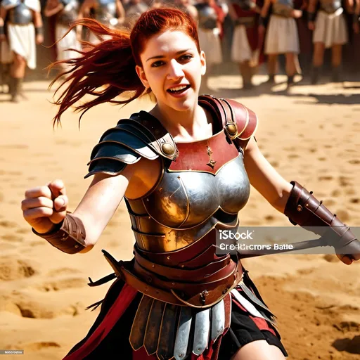 Prompt: redhead girl gladiator fighting in the arena, blood splatter, sand, cheering crowd, Roman Caesar, epic battle, dramatic lighting, detailed armor, high quality, realistic style, intense expressions, dynamic composition, action-packed, historical, ancient Rome, intense atmosphere, traditional materials, dynamic poses, realistic textures