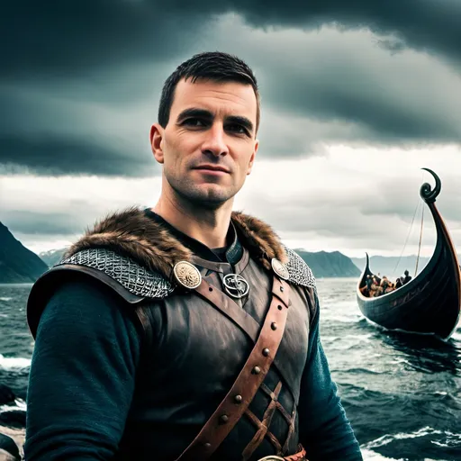 Prompt: a handsome and brave Viking warrior is standing on a shore with a fjord and many Viking ships in the background, stormy seas, stormy weather