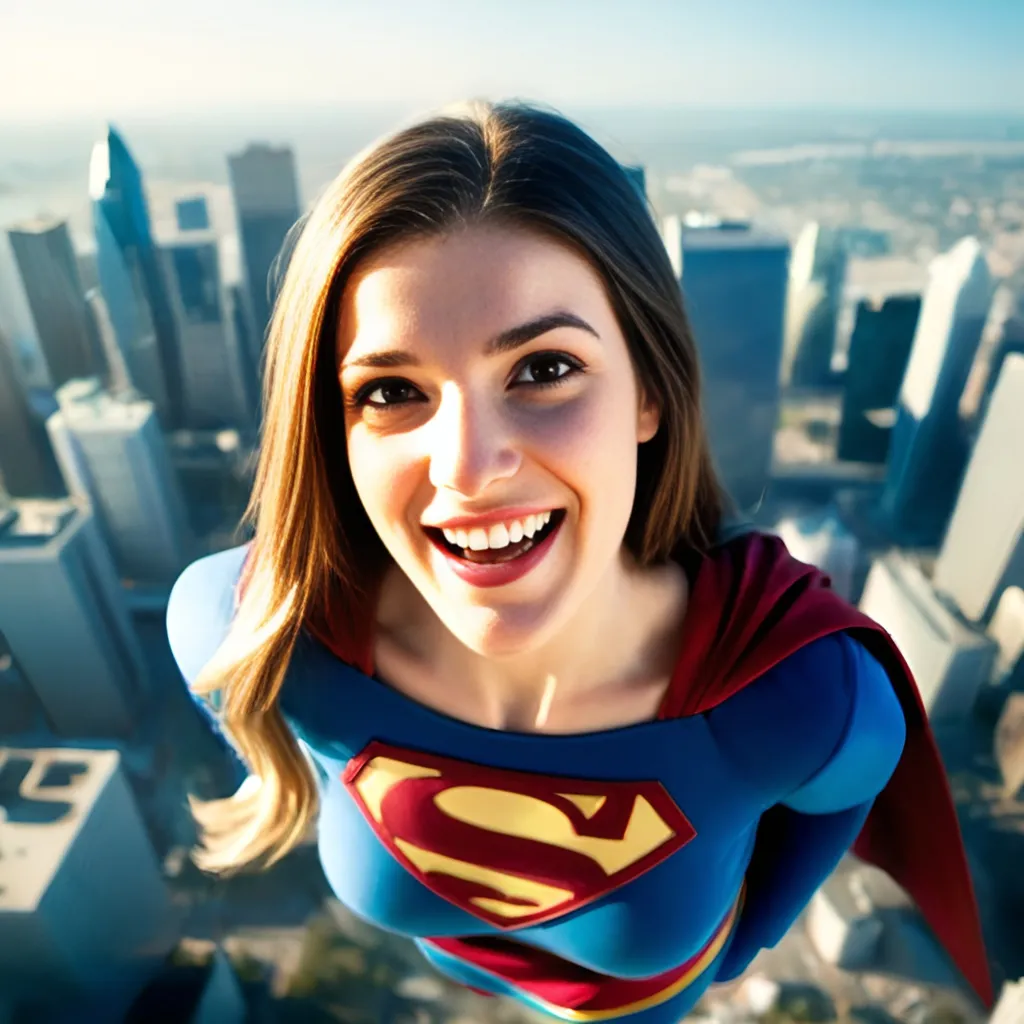 Prompt: beautiful and smiling Supergirl is flying above city wearing Supergirl costume, sunny day, city skyline