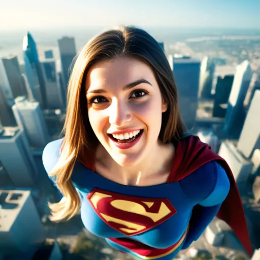 Prompt: beautiful and smiling Supergirl is flying above city wearing Supergirl costume, sunny day, city skyline