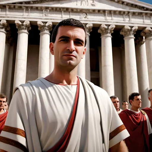 Prompt: Ancient Roman senator in red and white toga, serious expression, speaking in senate, surrounded by other Ancient Roman senators, Ancient Rome, detailed architecture, marble columns, realistic ancient atmosphere, high quality, detailed, historical, ancient Roman, serious expression, toga, senate, marble, architectural details, professional lighting, photorealistic, ultrarealistic
