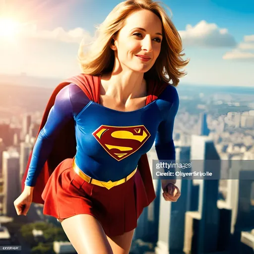 Prompt: beautiful and smiling Supergirl is flying above city wearing Supergirl costume, sunny day, city skyline