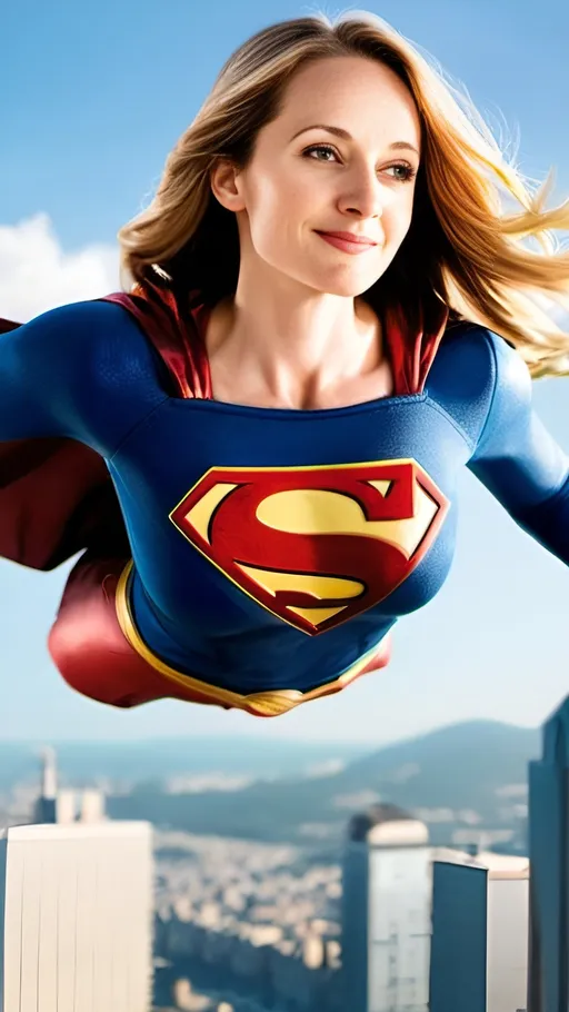 Prompt: beautiful and smiling Supergirl is flying above city wearing Supergirl costume, sunny day, city skyline