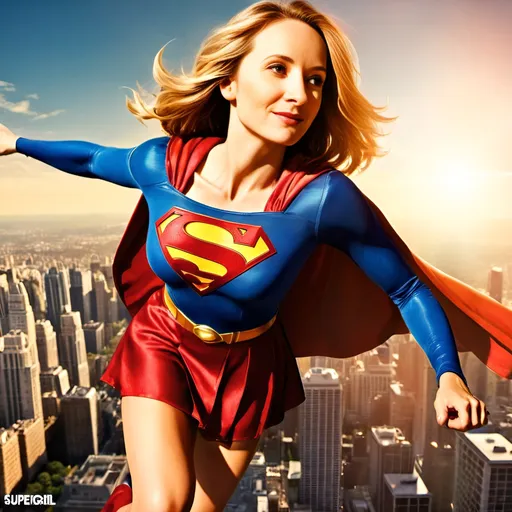 Prompt: Beautiful Supergirl flying above city, Supergirl costume, sunny day, city skyline, high quality, vibrant colors, superhero, detailed facial features, bright and cheerful, comic book style, golden hour lighting