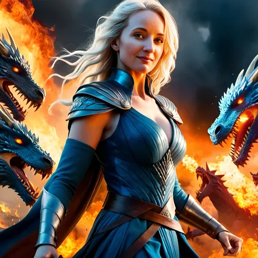 Prompt: Daenerys Targaryen with piercing blue eyes, surrounded by an army of majestic dragons, engulfed in a fierce battle, intense flames and fire, Game of Thrones inspired, epic war scene, 4K resolution, hyper-realistic fantasy art, vibrant colors, dramatic lighting, detailed dragons, fiery atmosphere, powerful presence, high impact, war-torn landscape, blue-eyed queen, mighty dragons, mythical creatures, intense battle, fiery setting, fantasy, highres, hyper-realistic