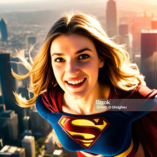 Prompt: Beautiful Supergirl flying above city, Supergirl costume, sunny day, city skyline, high quality, vibrant colors, superhero, detailed facial features, bright and cheerful, comic book style, golden hour lighting