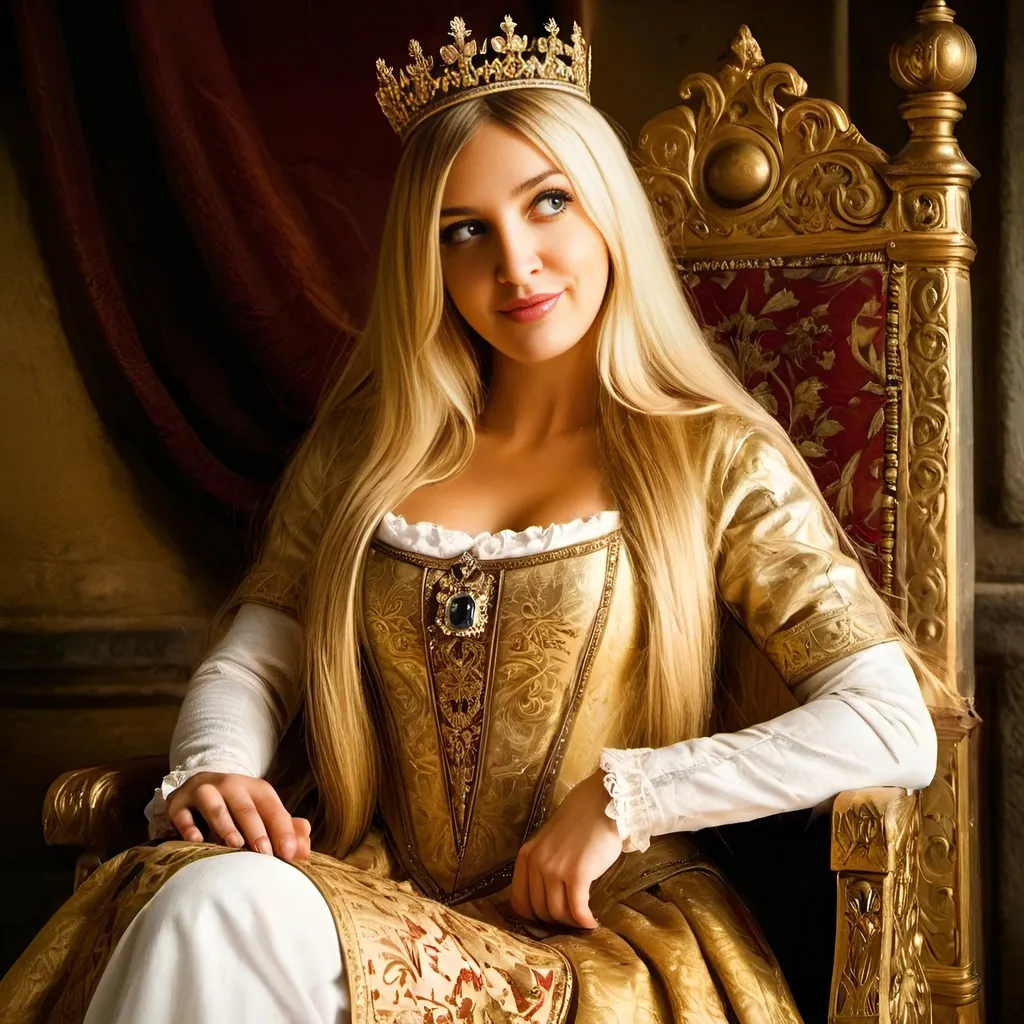 Prompt: a beautiful French golden hair queen, long golden hair, majestic castle hall, golden crown with diamonds, medieval tapestries, regal smile, detailed facial features, oil painting, highres, medieval atmosphere, majestic, royal, detailed crown, warm lighting, rich color tones