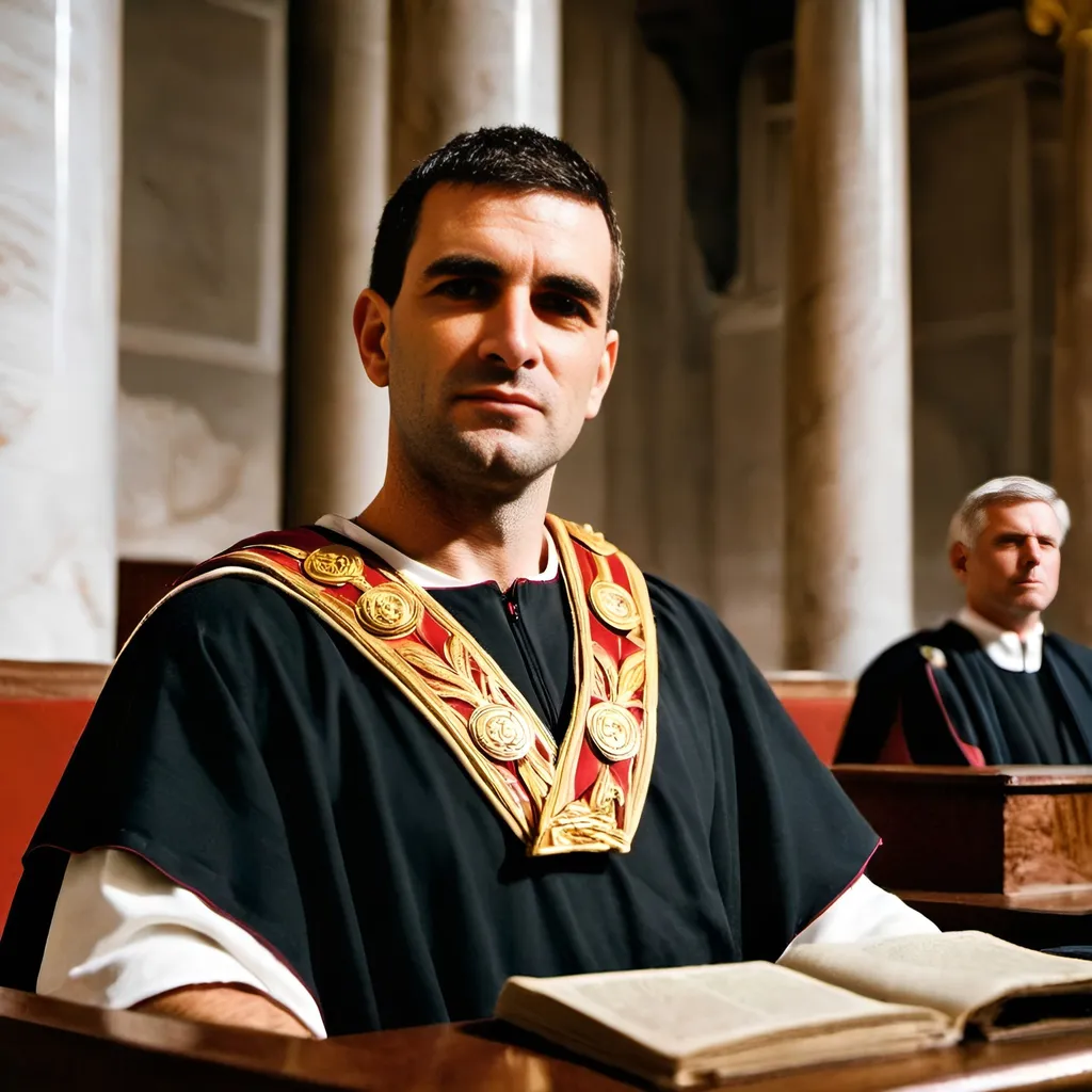 Prompt: a serious looking Roman senator wearing senatorial toga is speaking in the Roman senate, surrounded by many senators, Roman atmosphere