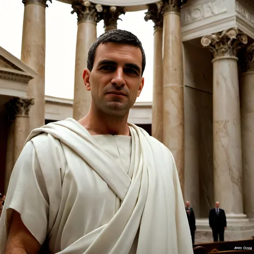 Prompt: Ancient Roman senator in white toga, serious expression, speaking in senate, surrounded by other senators, Ancient Rome, detailed architecture, marble columns, realistic ancient atmosphere, high quality, detailed, historical, ancient Roman, serious expression, toga, senate, marble, architectural details, professional lighting