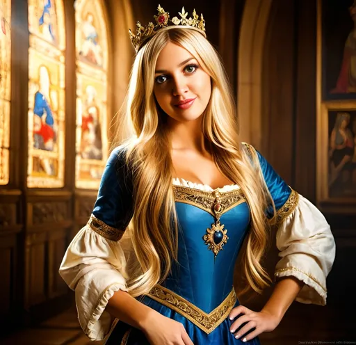 Prompt: a beautiful French golden hair princess, long golden hair, majestic castle hall, golden crown with diamonds, medieval tapestries, regal smile, detailed facial features, oil painting, highres, medieval atmosphere, majestic, royal, detailed crown, warm lighting, rich color tones