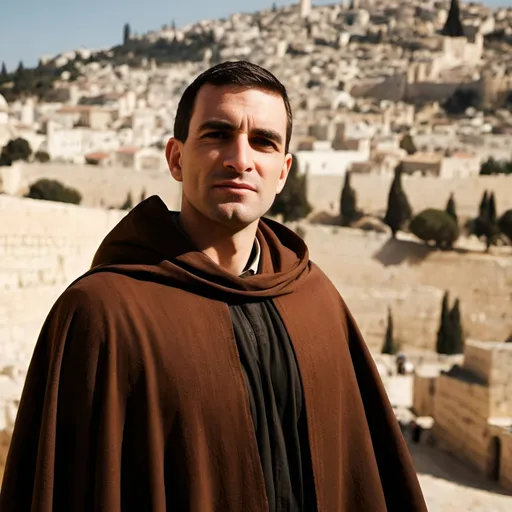 Prompt: a handsome and serious man is standing on the hill outside Ancient Jerusalem wearing a brown cloak in the time of Jesus talking to a crowd of people who are carefully listening, Ancient Palestine, Biblical atmosphere, sunny day Ancient Jerusalem in the background