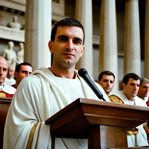 Prompt: a serious looking Ancient Roman senator wearing white toga is speaking in the Ancient Roman senate, surrounded by many senators, Ancient Rome, Ancient Roman atmosphere