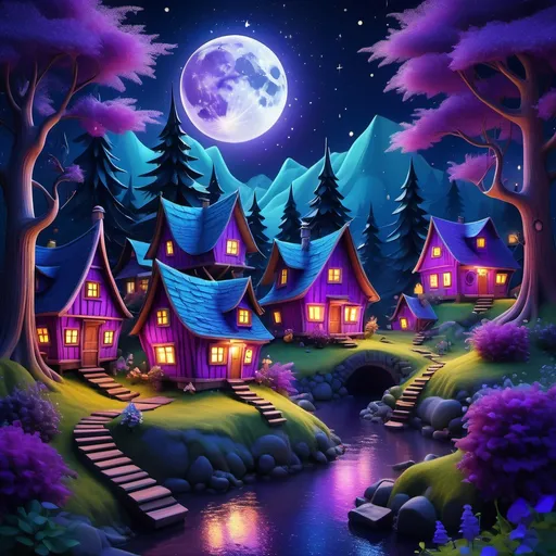 Prompt: (fairytale forest under a starry night), glowing moon illuminating small wooden village houses, (intense purple and royal blue hues), vibrant colorful atmosphere, enchanting ambiance, twinkling stars scattered across the night sky, serene and magical vibe, lush forest with whimsical trees, cozy village nestled in harmony with nature, (highly detailed, ultra-detailed).