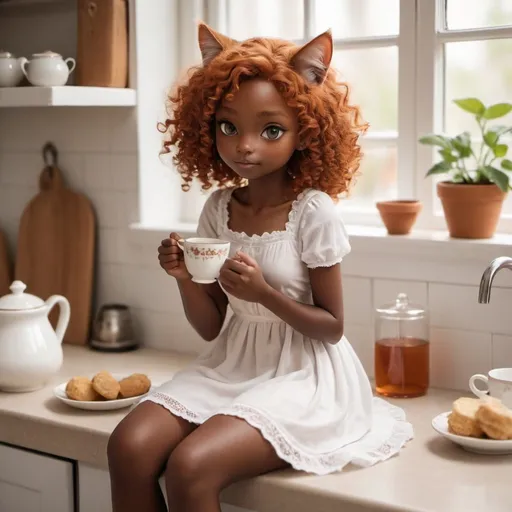 Prompt: A small cat girl, warm tone dark skin, curly ginger hair, sitting on a counter, sipping tea, wearing a simple white dress