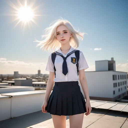 Prompt: A cute girl with white hair wearing a school uniform with a mini skirt in the wind standing on a rooftop with the sun shining with god rays making her pale skin glow