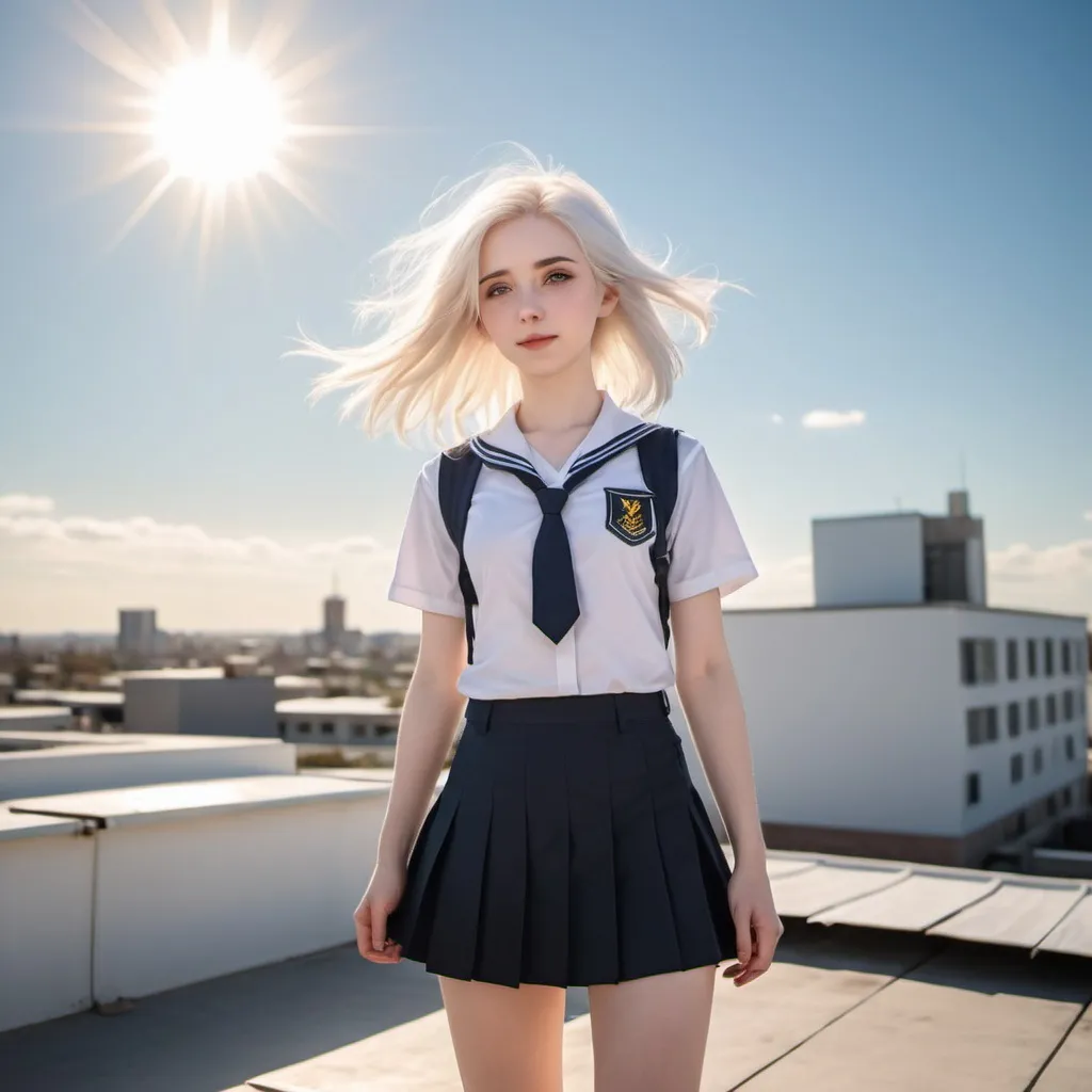 Prompt: A cute girl with white hair wearing a school uniform with a mini skirt in the wind standing on a rooftop with the sun shining with god rays making her pale skin glow