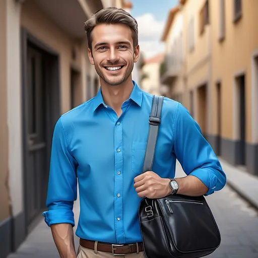 Prompt: photorealistic, (man smiling) at the camera, wearing a (bright blue shirt), holding a (black bag), hands positioned down, background neutral, clear expression showcasing friendliness, stock photo quality, suited for professional use, (high detail), (denoised), vibrant colors, well-lit composition capturing a positive ambiance. Up hand, I want it down.