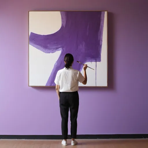 Prompt: The image is a vertical still from a video featuring an individual standing in front of a wall with a tilted composition. The background represents an abstract purple background that seems to consist of brushstrokes. The person in the image is standing slightly angled, with their back to the viewer. They're dressed in a casual white button-up shirt, pants, and sneakers. The individual is holding a paintbrush in their right hand, which creates a contrast with their dark hair. Behind them, you can see one of their paintings - an ongoing abstract art piece.The person in the image is an artist portraying a contemporary moment of reflection and contemplation. The image combines creative exploration, introspection, and the thrilling experience of producing abstract art. This reflects the artists' unique perspectives and artistic styles in the realm of abstract art and their dualities.
