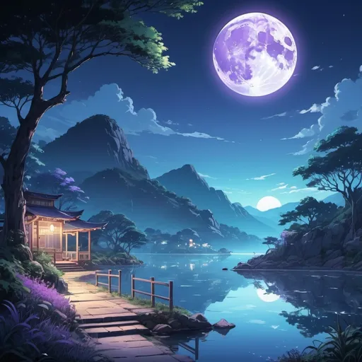 Prompt: (anime style), cool color scheme, serene atmosphere, intricate background with detailed scenery, detailed environment, night scene with moonlight, subtle purples and blues, translucent water, glowing elements, high-contrast shadows, characters with fine outlines, reflective surfaces, soft shading, lush vegetation, crisp air, tranquil emotions, high-definition, ultra-detailed, cinematic quality, trending on artstation