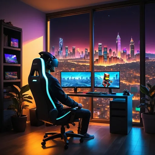 Prompt: Roblox man sitting on his gaming chair in a apartment looking at his PC moderating  Roblox style, cool