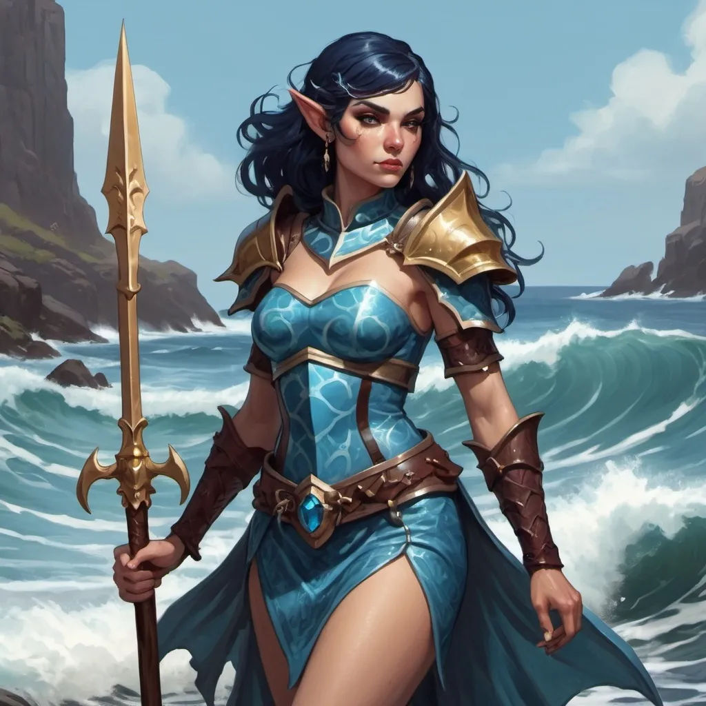 Prompt: A femalr sea elf with cerulean skin and wine dark hair, who is a paladin of the open waves wearing a mod style minidress and breastplate and carrying a trident with a dagger at her hip. A character in dnd 5e