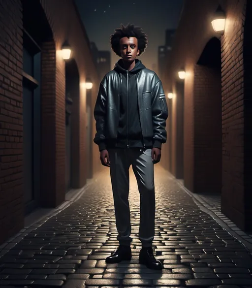 Prompt: (photorealistic) a man standing on a cobbled brick walkway at night, hands in pants pockets, jacket draped on shoulders, (Afewerk Tekle) inspired, (afrofuturism) theme, (tech wear) aesthetic, moody ambiance, subdued lighting reflecting off the bricks, high-detail textures, urban background with hints of futuristic elements, deep shadows, striking contrasts, (ultra-detailed), atmospheric night scene.