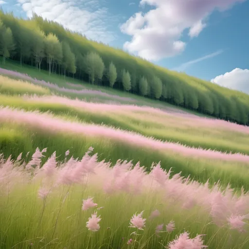 Prompt: A meadow of pale soft green waist high grasses sparsly sprinkled with pale pink and purple fluffy flowers on a slope with a dense wall of trees on top of the slope against a blue sky with high cirrus clouds