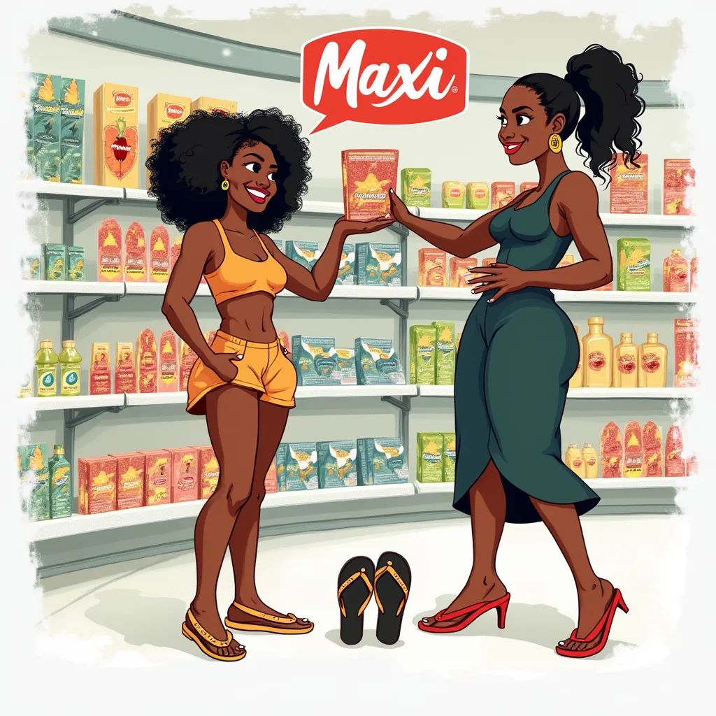 Prompt: Desenho de mulher negra bem vestida comprando havaianas e calçando Havaianas fazendo publicidade mostrando os pés com chinelos escrito havaianas
No supermercado maxi