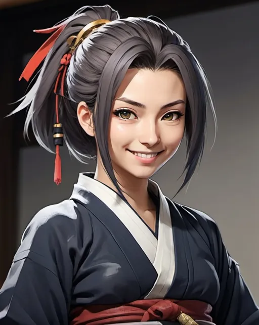 Prompt: painted anime style. A young woman (looking like Miyamoto Musashi from FGO, typemoon), wearing modern costume and smiling playingfully