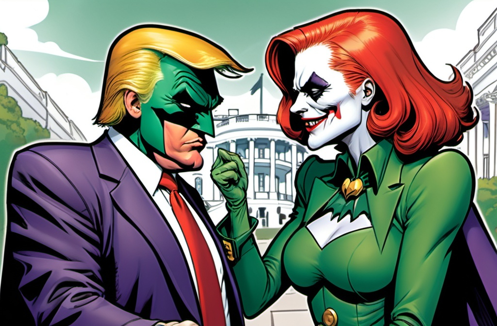 Prompt: dungeons and dragons fantasy art A comic book-style illustration of Batman (as President Donald Trump) and the Joker (as Vice President Mrs Harris) engaging in a face-to-face
battle. Batman is in his costume only, while the Ms Joker is wearing a green dress and red hair. The background is the White House with a large "WH" logo.