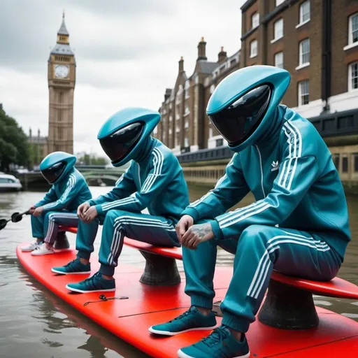 Prompt: UFO aliens in adidas suits sitting on surfboards and fishing in LONDON at the Themsa 5D cyberpunk futuristic cyberpunk extraterrestrial 5D cyberpunk futuristic cyberpunk extraterrestrial neon 5D LONDON EXTRATERRESTRIAL