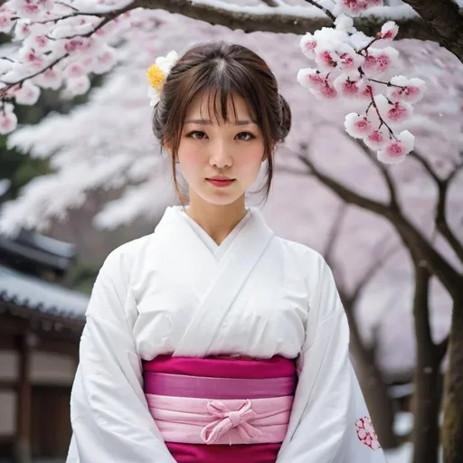 Prompt: girl in white kimono and sacura snow