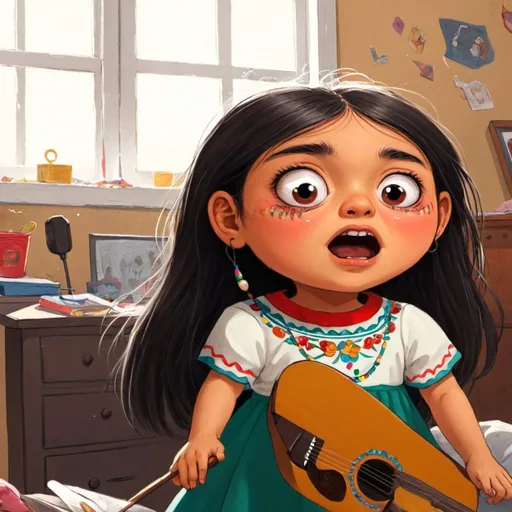 Prompt:  illustration in a similar style to picture.Little girl Mexican almond eyes singing in a messy room