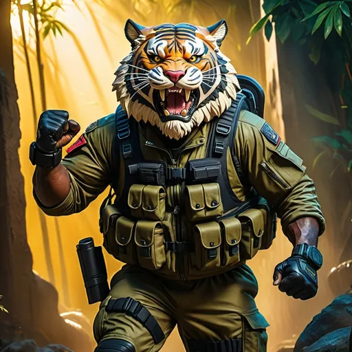 Prompt: (a dark-skinned bearded fat muscular old man in a bulky army camouflage zipper diver suit), raising fist, carrying a rifle, (wearing a small-sized realistic roaring tiger mask), dynamic action pose, fierce expression, showcasing an imposing stature, surrounded by military elements, dramatic shadows and intense highlights, cinematic color tones, high detail, powerful, art influenced by Bruce Onobrakpeya and Stanley Artgerm, ultra-detailed, best quality image, action-packed atmosphere. field background