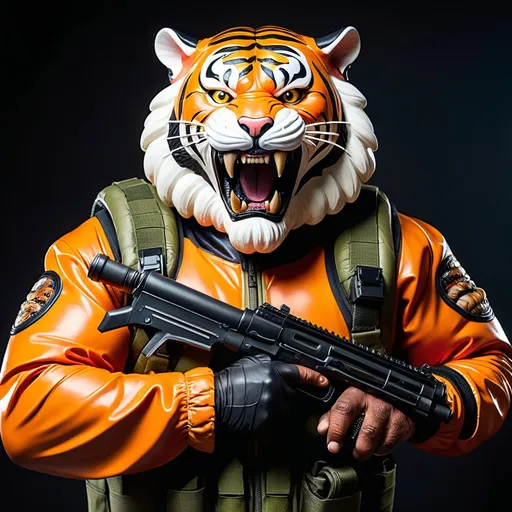 Prompt: (a dark-skinned bearded fat old man in a bulky camouflage zipper diver suit) holding a gun and (wearing proportionate realistic roaring tiger mask that show the wearer eyes), muscular, Bruce Onobrakpeya, sumatraism, stanley artgermm, action, a character portrait, heroic, fierce, snarling, best quality
